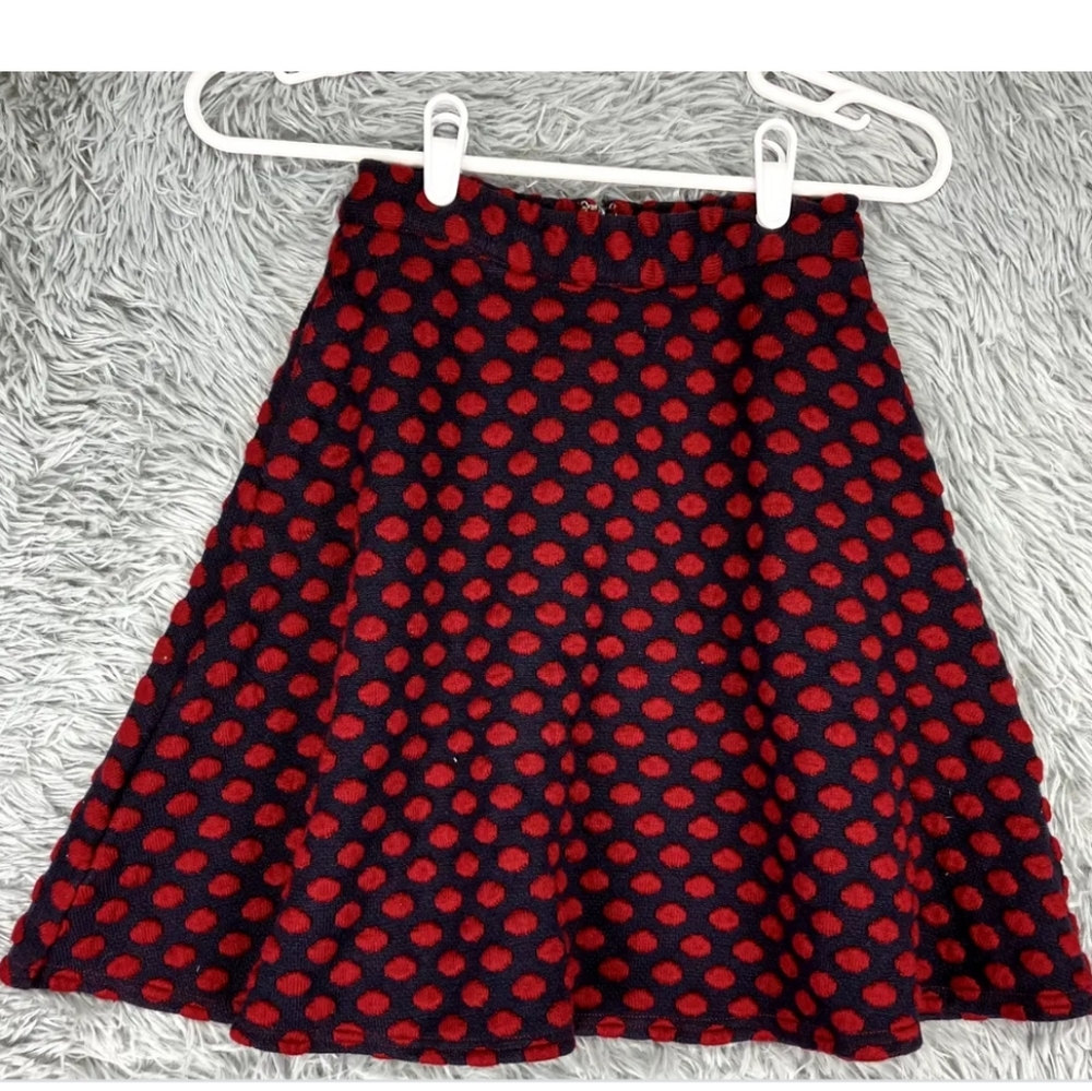 Modcloth  sweater skirt, navy with red polka dots.